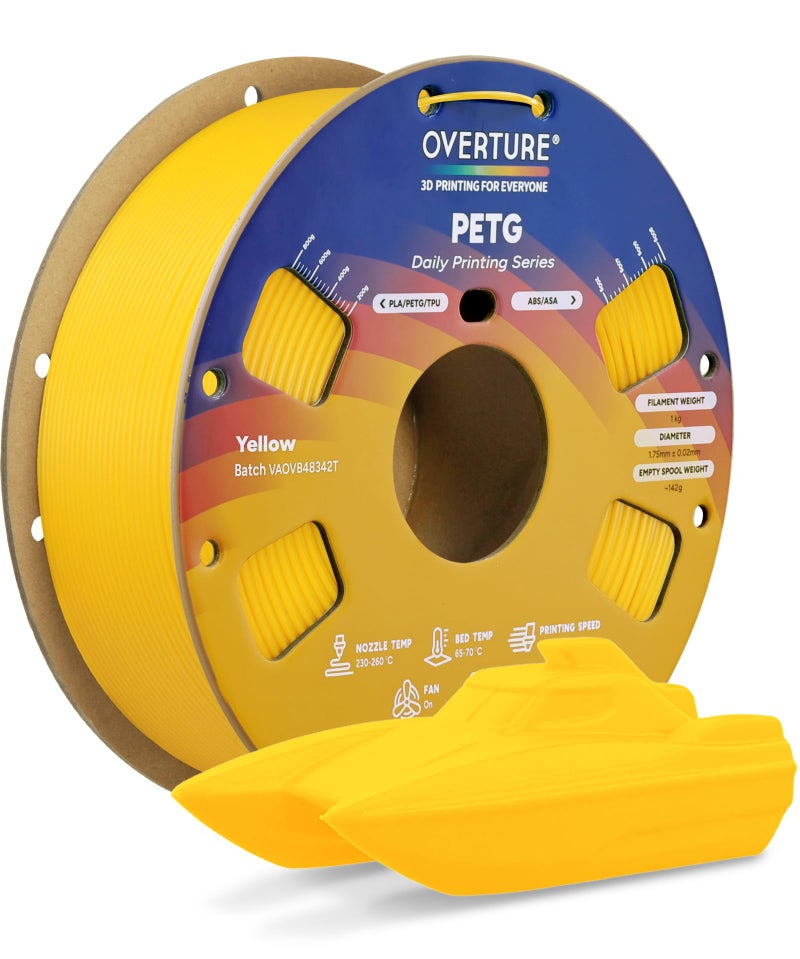 OVERTURE PETG 3D Printer Filament 1.75mm, Neatly Wound Durable PETG 1kg Spool (2.2lbs), Strong Toughness Filament, Dimensional Accuracy +/- 0.02mm, Fit Most FDM Printers (Yellow) - Image 1